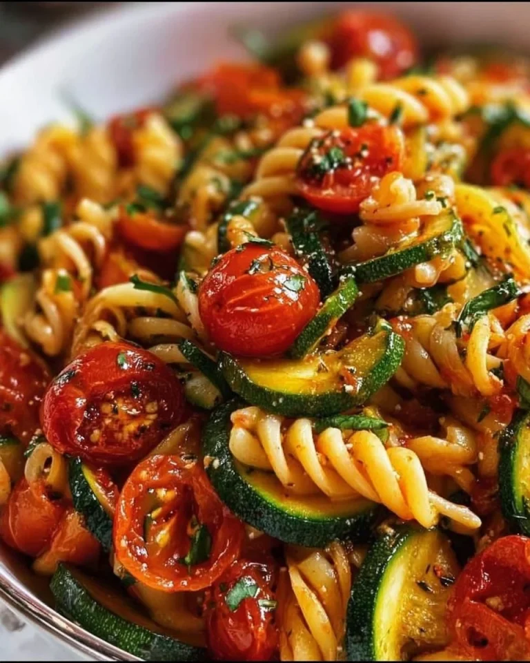 Schüssel mit Tomaten-Zucchini-Pasta, köstlich und gesund zubereitet.