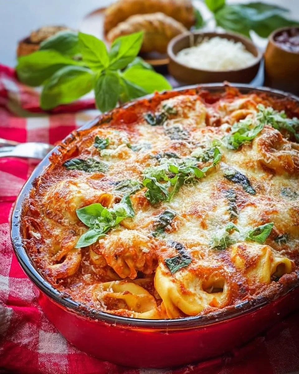 Tortellini au Gratin mit geschmolzenem Käse und einer goldbraunen Kruste