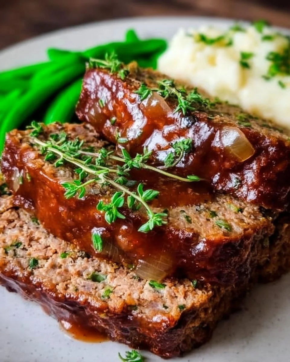 Traditioneller Hackbraten mit Zwiebeln auf einem Teller serviert