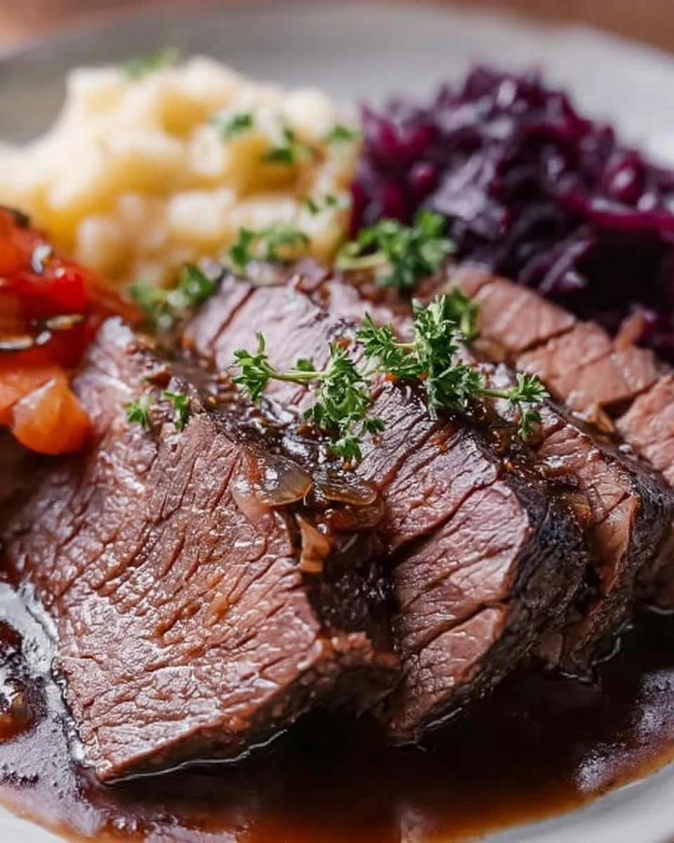 Traditioneller Sauerbraten, serviert mit Beilagen und Soße