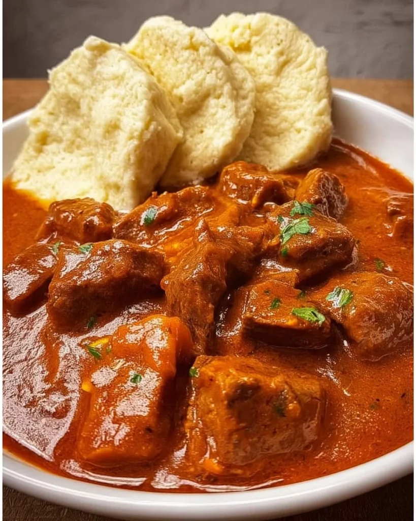 Tschechisches Gulasch mit Knödeln auf einem Teller serviert