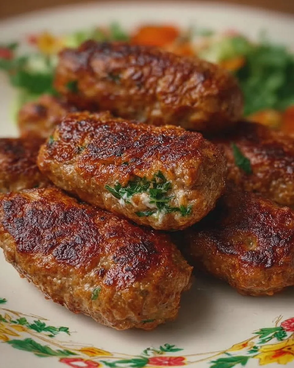 Türkische Hackröllchen serviert mit Gurkenjoghurt und frischem Salat