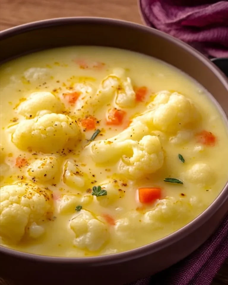 Ultracremige Blumenkohlsuppe in Schüssel mit frischen Kräutern garniert