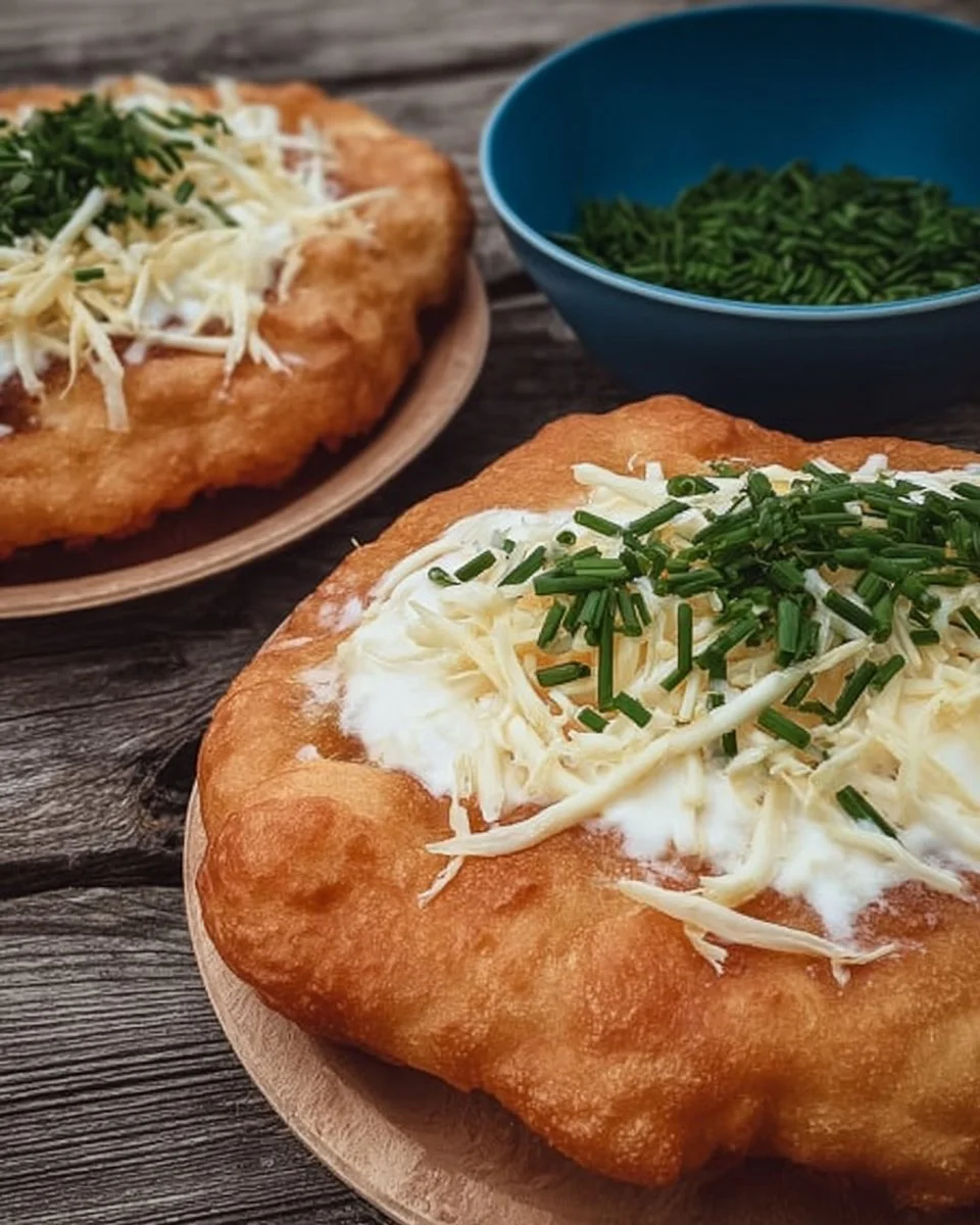 Ungarische Langos mit Knoblauch auf einem Teller serviert
