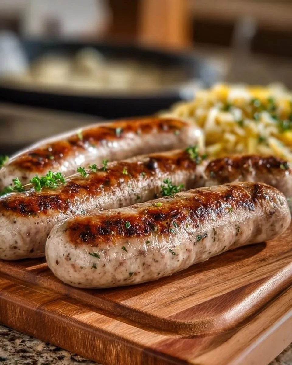 Weißwurst serviert mit süßem Senf und Brezen