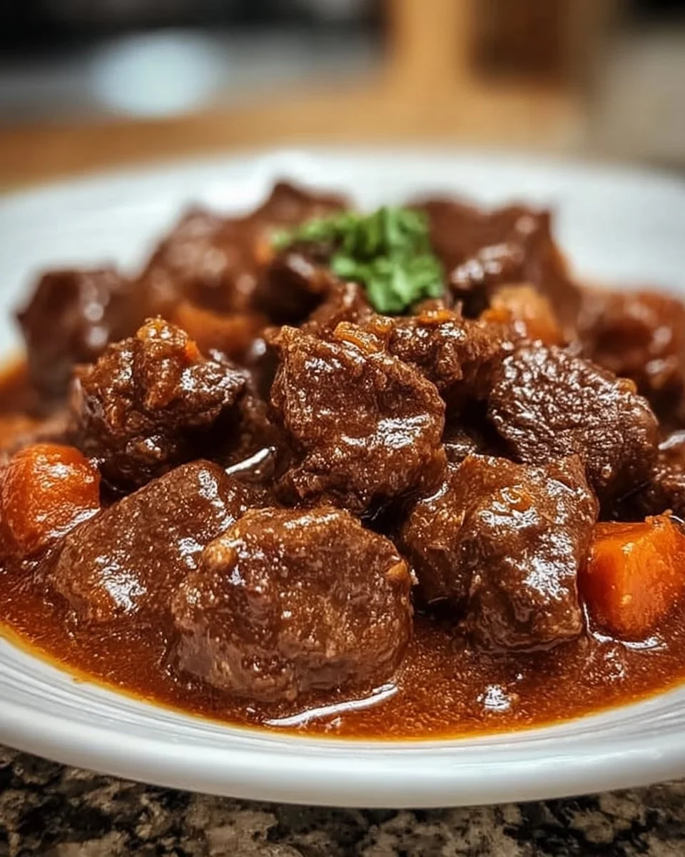 Schmackhaftes Wildschweingulasch angerichtet auf einem Teller