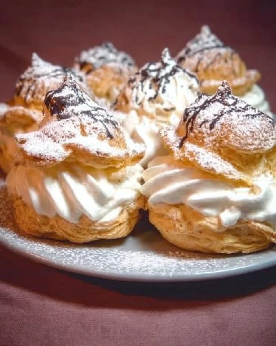 Leckere Windbeutel aus Brandteig, gefüllt mit Sahne und Obst.