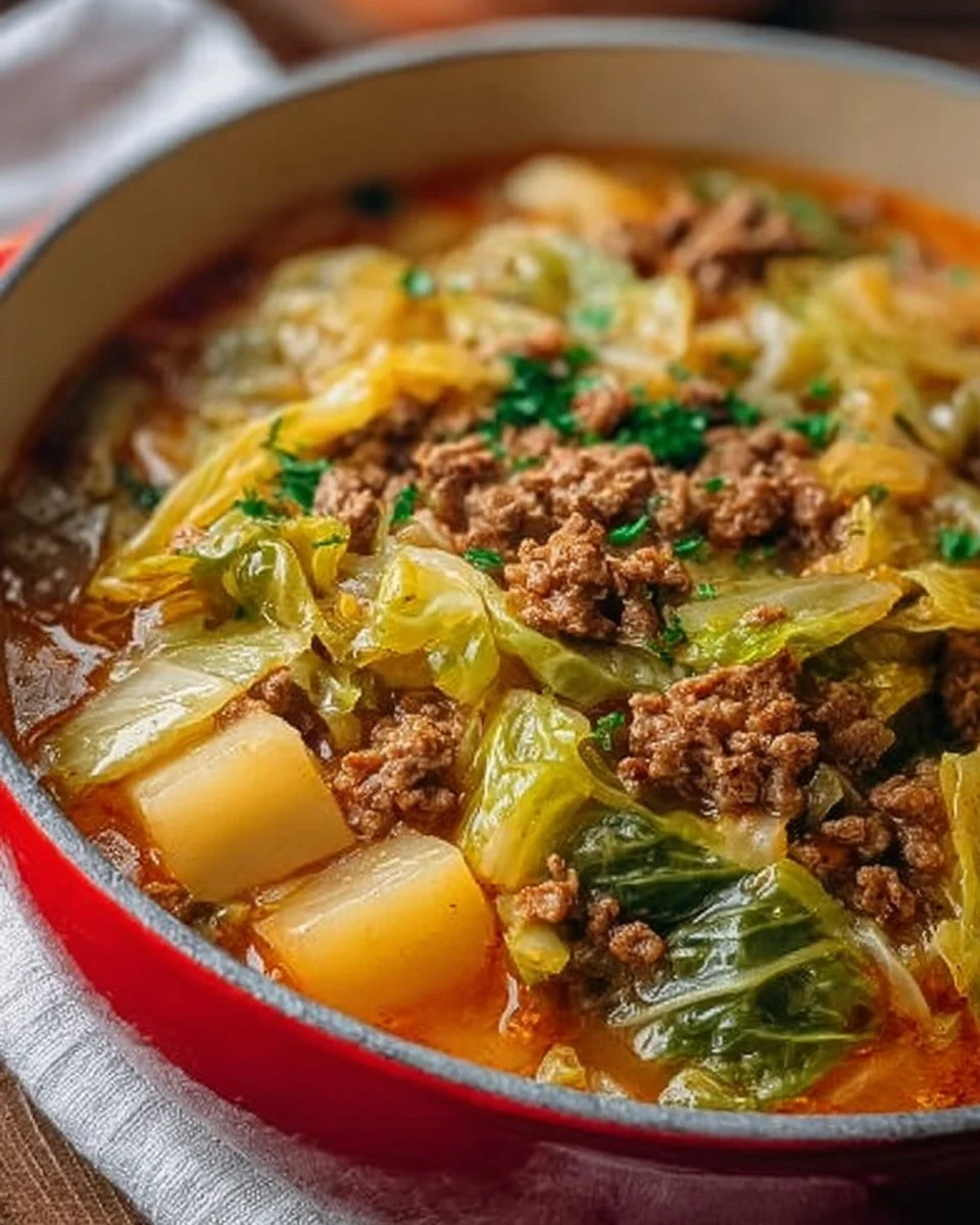 Wirsing-Hackfleisch-Eintopf in einer Schüssel auf einem Tisch serviert.