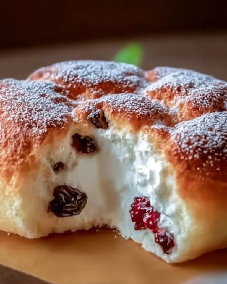 Ein Stück Wolkenkuchen auf einem Teller, dekoriert mit Früchten.