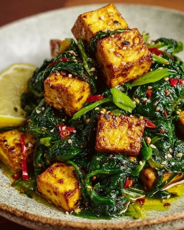 Zitronen-Knoblauch-Tofu in einer Spinat-Pfanne zubereitet