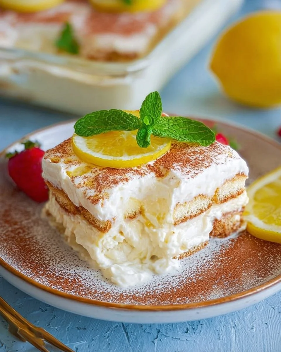Zitronen-Tiramisu auf einem Teller mit frischen Zitronen