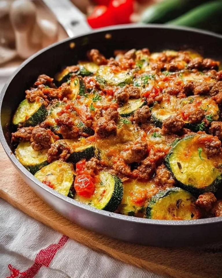 Zucchini Pfanne mit Hackfleisch auf einem Teller serviert