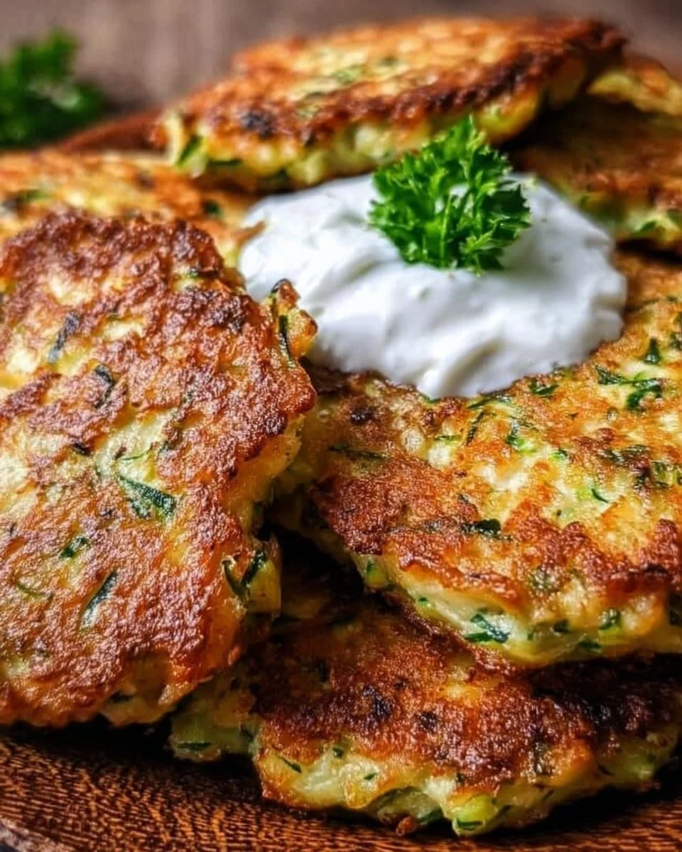 Zucchini-Puffer mit Haferflocken auf einem Teller serviert.