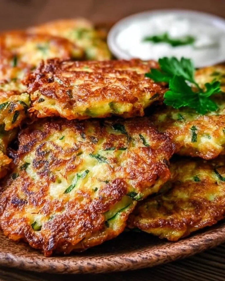 Zucchini-Puffer mit Haferflocken auf einem Teller serviert
