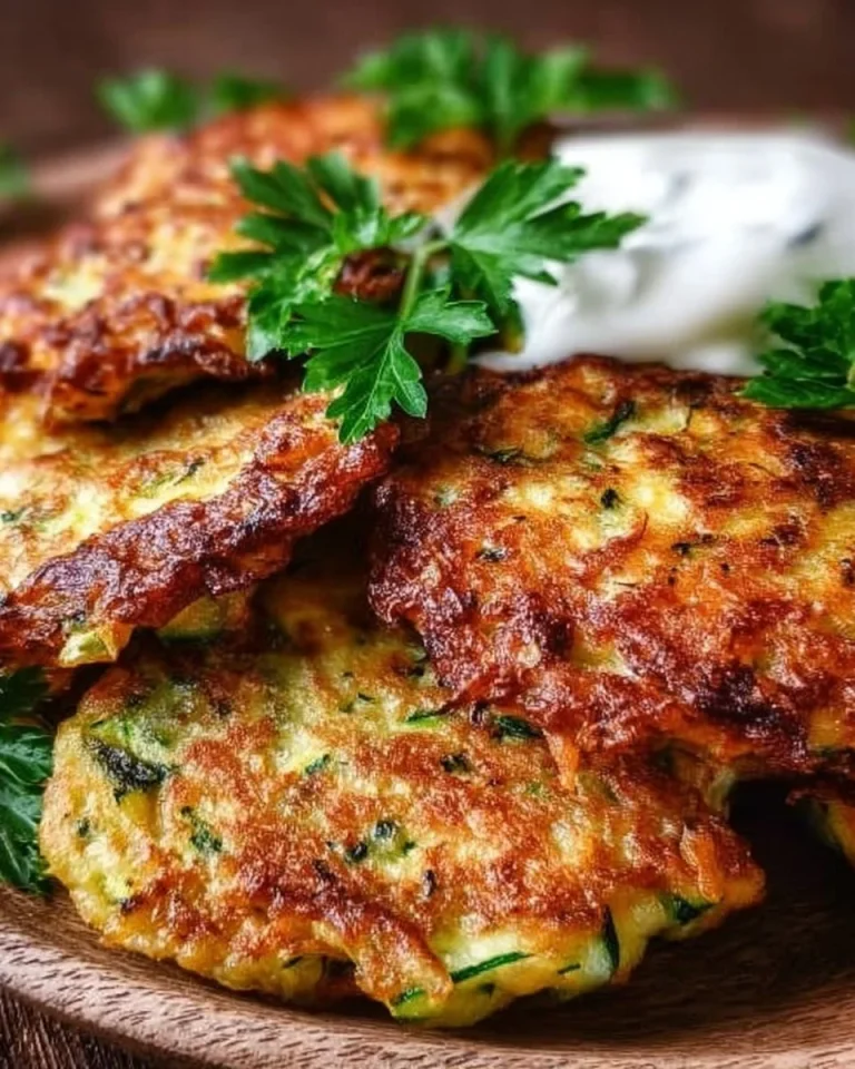Zucchini-Puffer mit Haferflocken auf einem Teller serviert