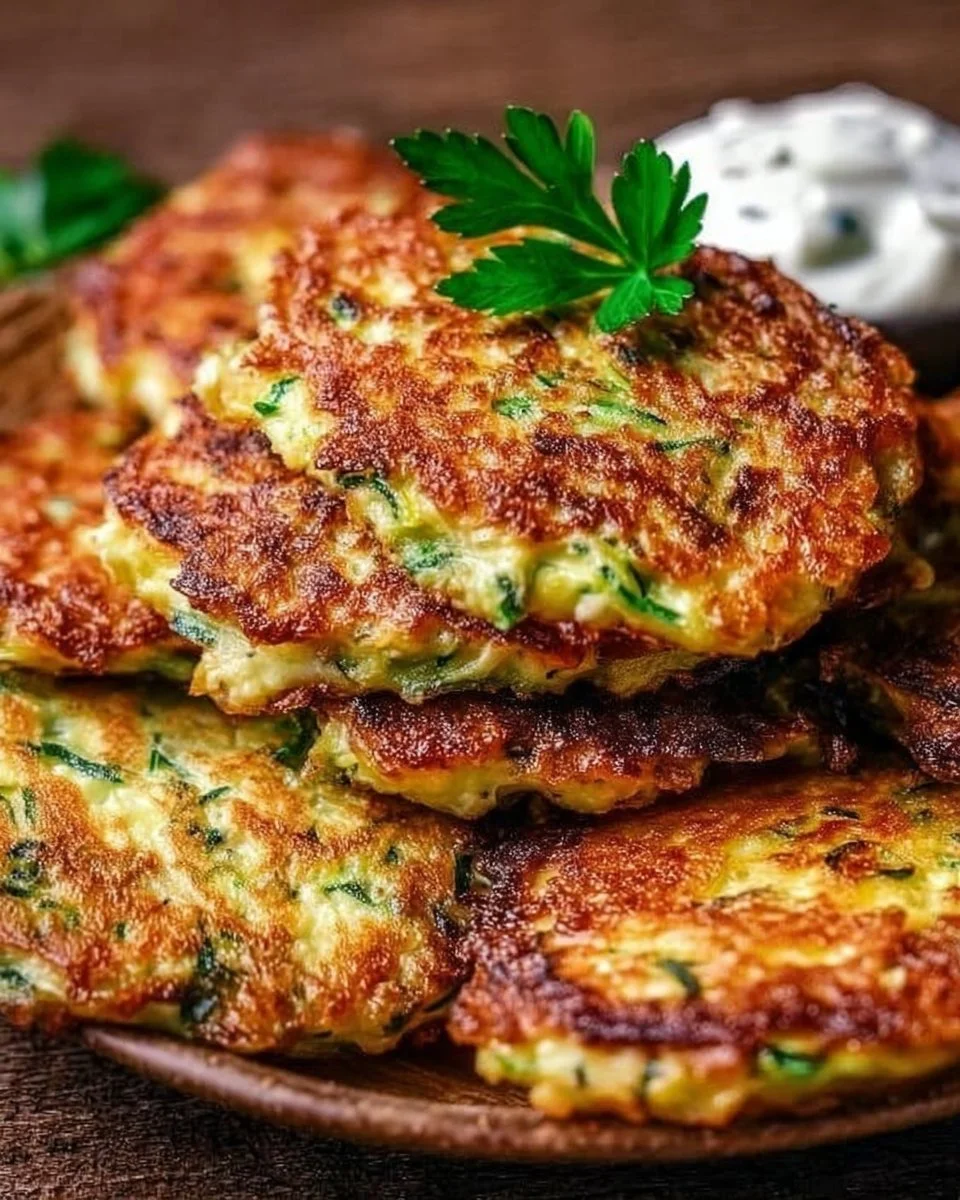 Zucchini-Puffer mit Haferflocken auf einem Teller serviert