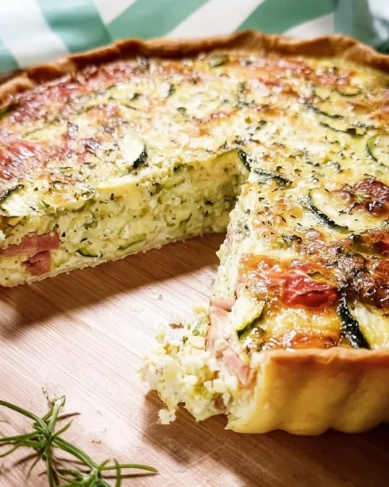 Zucchini-Quiche mit Schinken auf einem Teller serviert