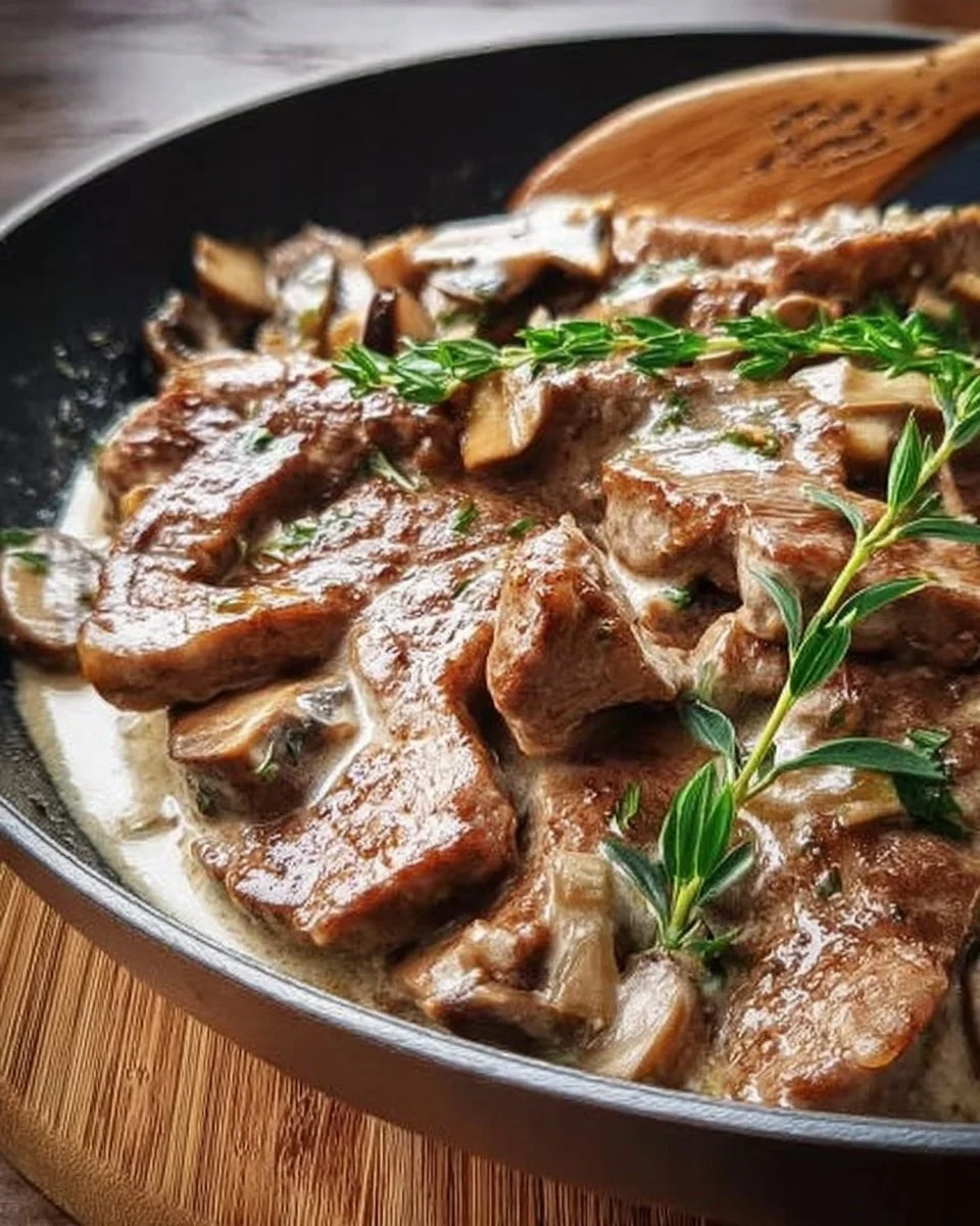 Zürcher Geschnetzeltes mit Rindfleisch und Pilzen auf einem Teller serviert.