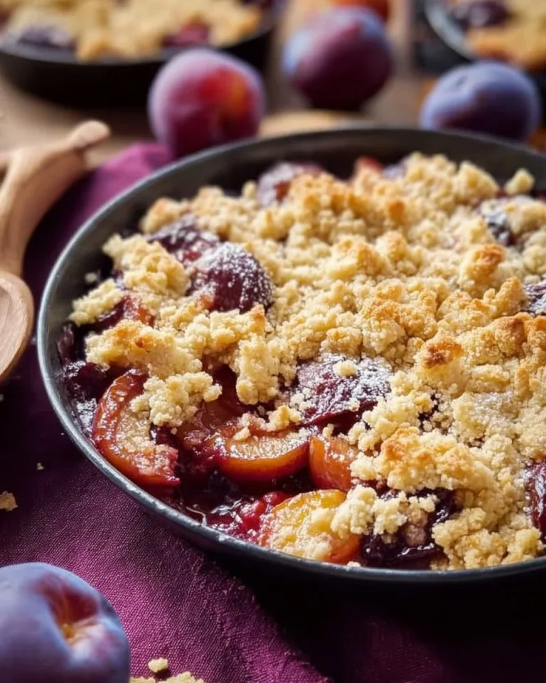 Delikates Zwetschgen-Crumble in einer rustikalen Schüssel serviert.