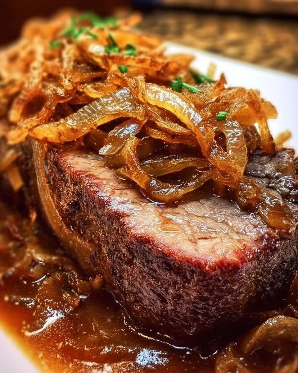 Zwiebelrostbraten mit Röstzwiebeln und Beilagen auf einem Teller serviert.
