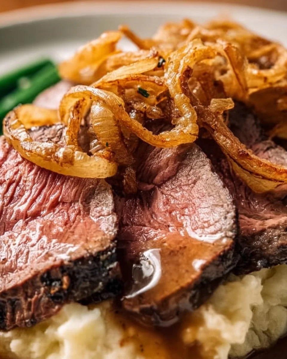 Zwiebelrostbraten: Rinderbraten mit Zwiebeln auf einem Teller angerichtet.
