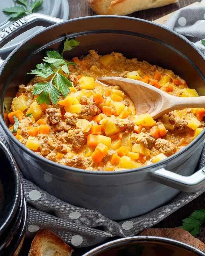 Bauerntopf mit Hackfleisch in einer schönen Schüssel serviert.