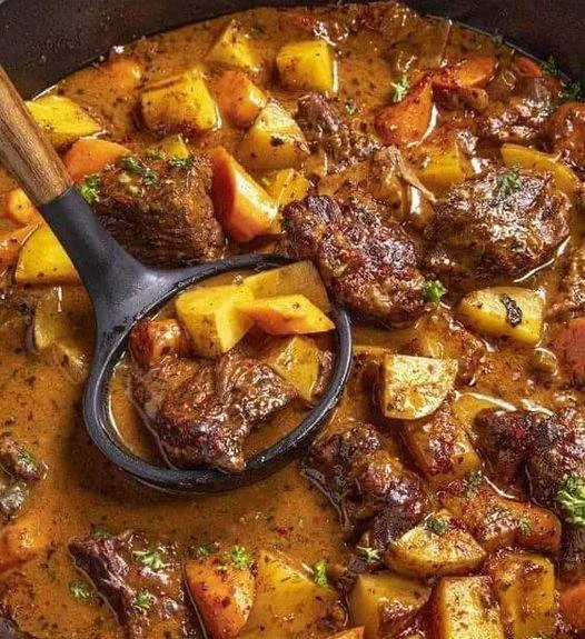 Leckere Portion Rindereintopf mit frischen Zutaten auf einem Teller