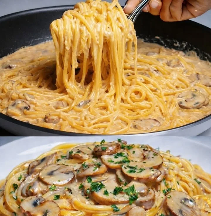 Gedeckter Teller mit Champignons Spaghetti, besser als Carbonara