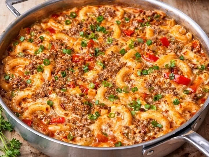 Curry-Cremige Nudeln mit Hackfleisch auf einem bunten Teller serviert