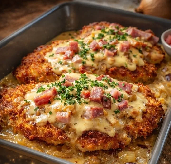 Leckeres Elsässer Schnitzel mit Beilagen serviert auf einem Teller