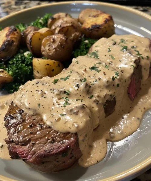 Filetbraten in Frischkäse-Senfsauce auf einem Teller serviert