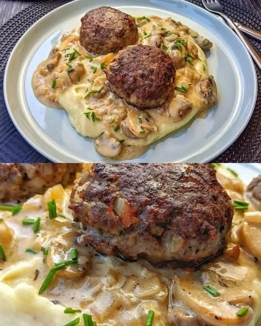 Frikadellen mit Kartoffelbrei und Zwiebelrahmsoße
