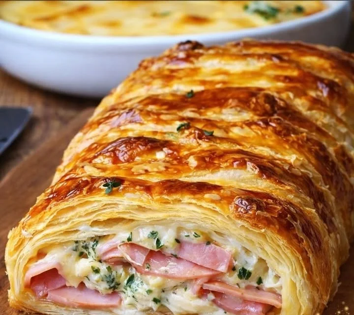 Gefüllter Blätterteigstrudel mit Schinken und Käse, frisch gebacken