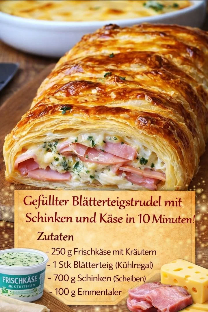 Gefüllter Blätterteigstrudel mit Schinken und Käse
