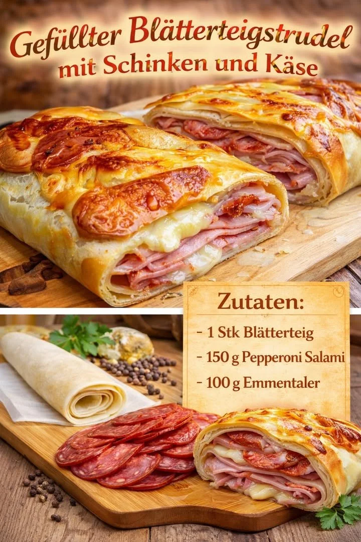 Gefüllter Blätterteigstrudel mit Schinken und Käse