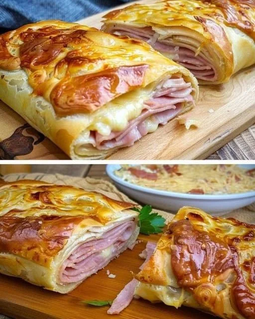 Gefüllter Blätterteigstrudel mit Schinken und Käse