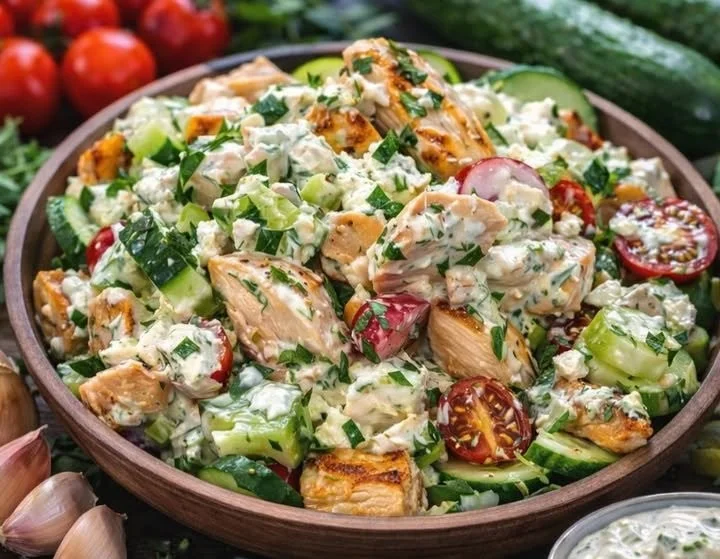 Griechischer Hähnchen Salat mit frischem Gemüse und Dressing