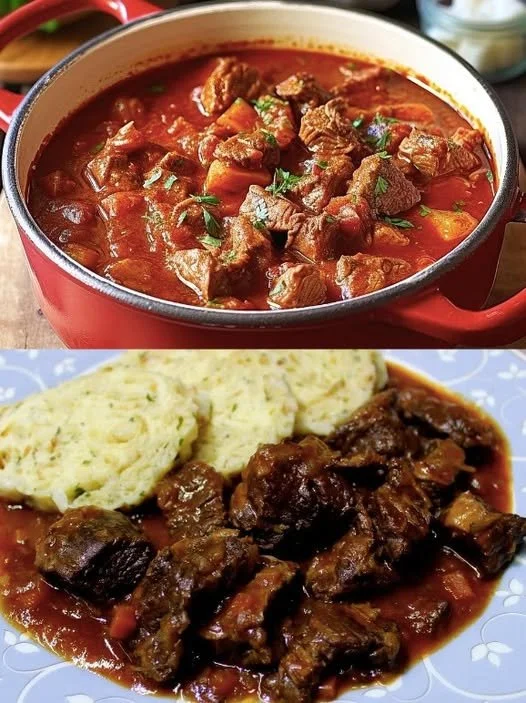 Herzhaftes Gulasch mit Gemüse und Fleisch in einem Schälchen serviert.