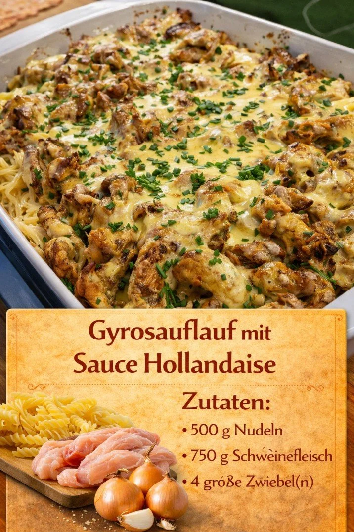 Gyrosauflauf mit Knoblauch und Sauce Hollandaise