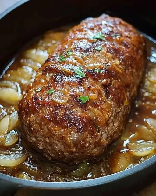 Saftiger Hackbraten auf einem Teller, serviert mit Beilagen.