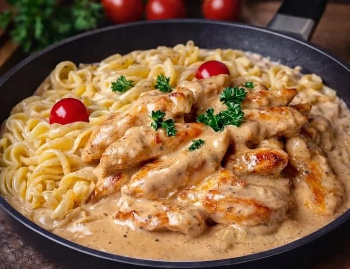 Hähnchenstreifen mit Nudeln in Sahnesauce