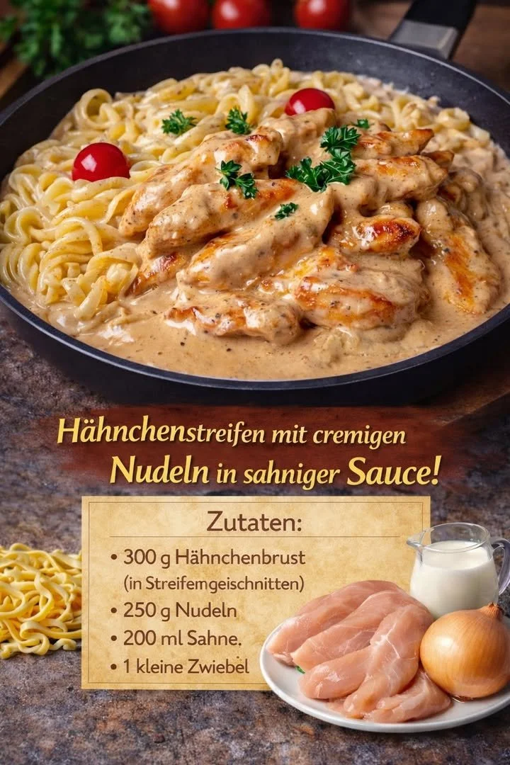 Hähnchenstreifen mit Nudeln in Sahnesauce