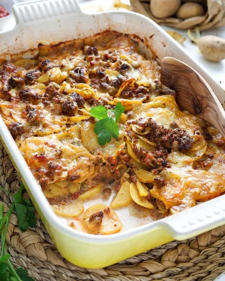 Kartoffelauflauf mit Hackfleisch auf einem Teller serviert.