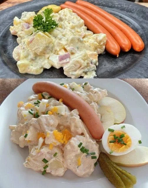 Leckerer Kartoffelsalat mit Würstchen auf einem Teller serviert.