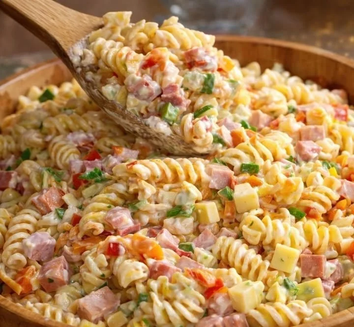 Nudelsalat mit Geheimsoße, frisch zubereitet in einer bunten Schüssel.