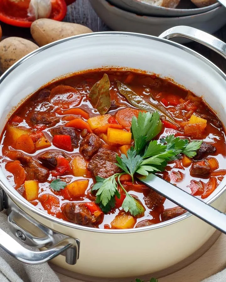 Omas Gulaschsuppe ungarischer Art mit frischen Zutaten und Gewürzen