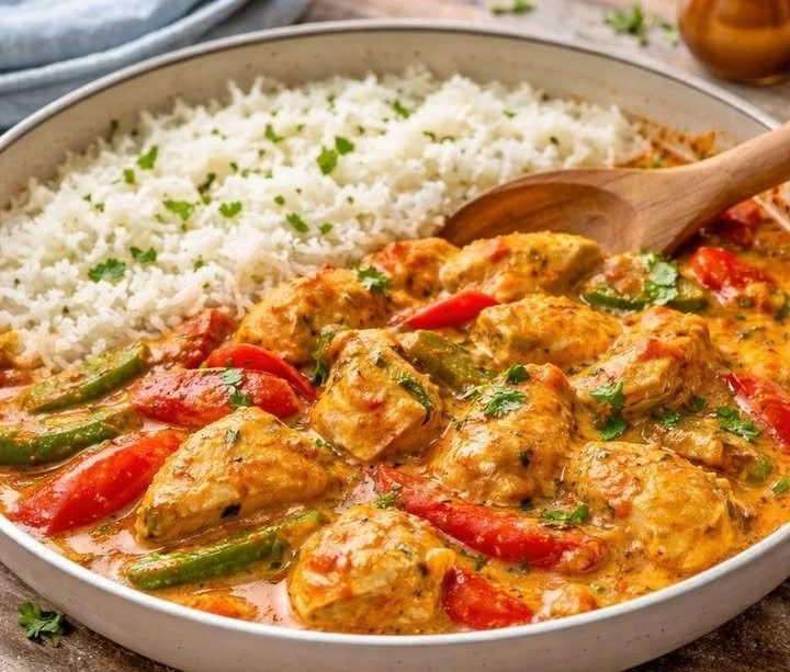 Leckeres Paprika Sahne Hühnchen auf einem Teller angerichtet