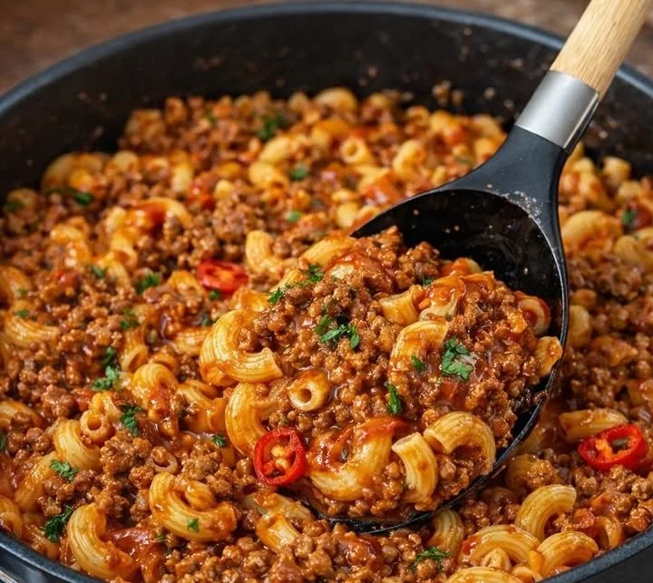 Pikante Hackpfanne mit frischem Gemüse und Gewürzen auf einem Teller serviert