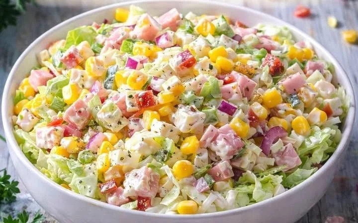 Bunter Salat mit frischen Zutaten und Dressing auf einem Teller.