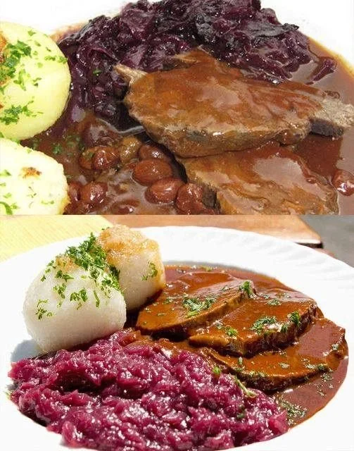 Sauerbraten mit Rotkohl und Kartoffelklößen